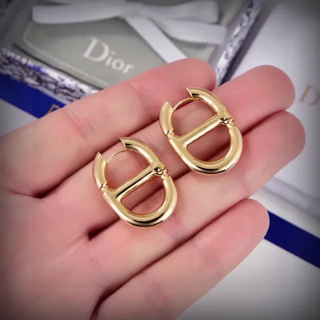 Dior Addict Gold White D-Shaped Hoops Interlocking Motif Earrings 3