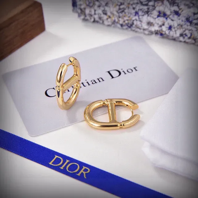 Dior Addict Gold White D-Shaped Hoops Interlocking Motif Earrings 5