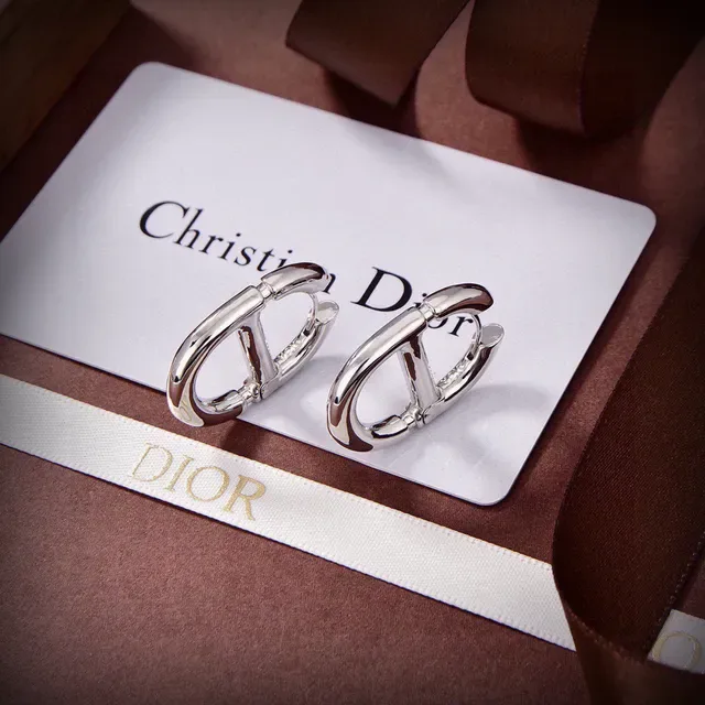 Dior Addict Gold White D-Shaped Hoops Interlocking Motif Earrings 6