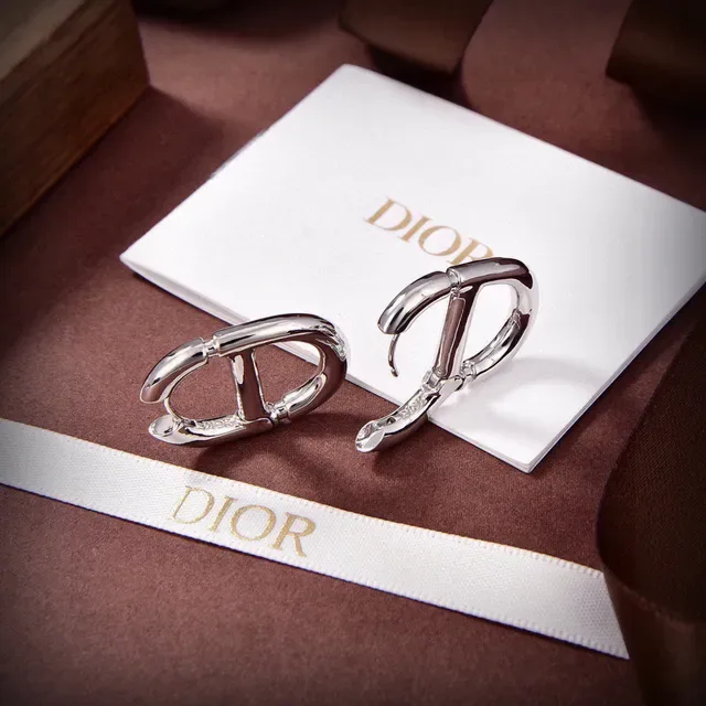 Dior Addict Gold White D-Shaped Hoops Interlocking Motif Earrings 7