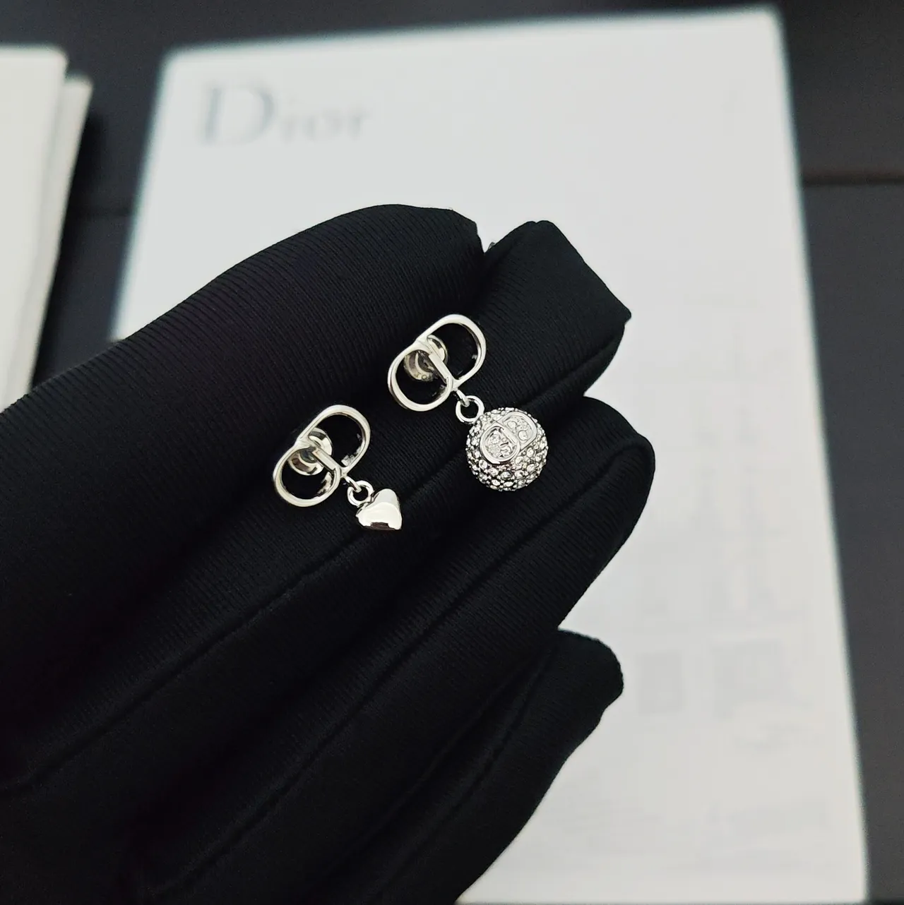 Dior Asymmetrical Pavé Crystal and Heart Charm Earrings 4