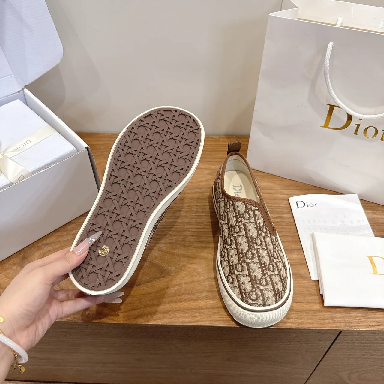 Dior B23 Beige Brown Monogram Jacquard Upper Slip-On Construction Canvas Shoes 2