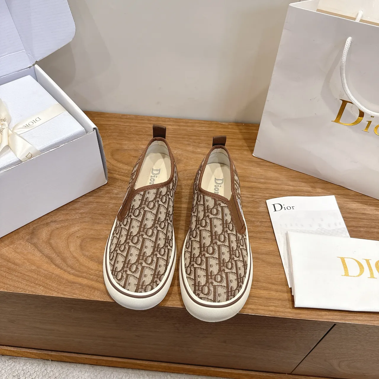 Dior B23 Beige Brown Monogram Jacquard Upper Slip-On Construction Canvas Shoes 5
