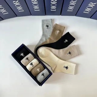 Dior Bee Logo Black Beige Ribbed Knit Embroidered Socks