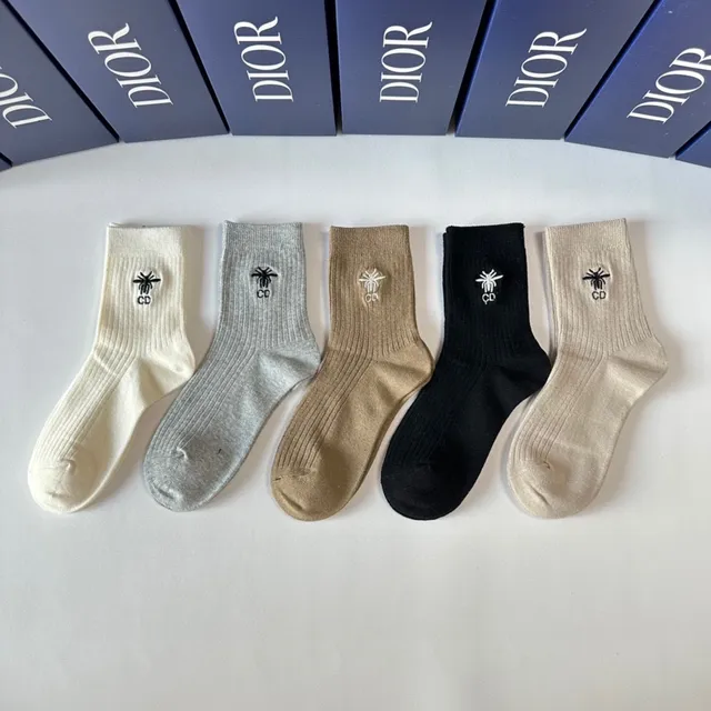Dior Bee Logo Black Beige Ribbed Knit Embroidered Socks 2