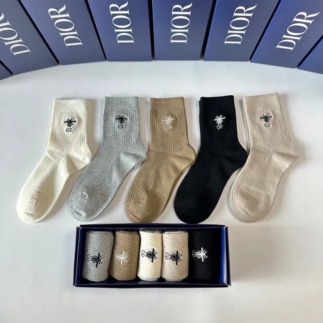 Dior Bee Logo Black Beige Ribbed Knit Embroidered Socks 3