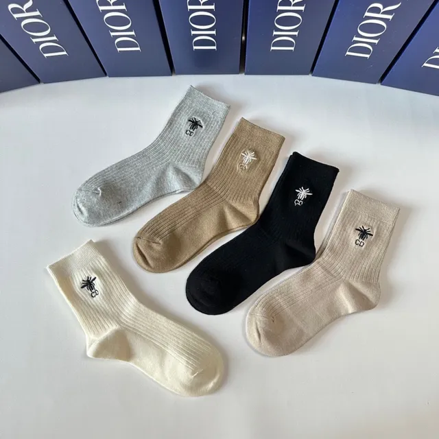 Dior Bee Logo Black Beige Ribbed Knit Embroidered Socks 5
