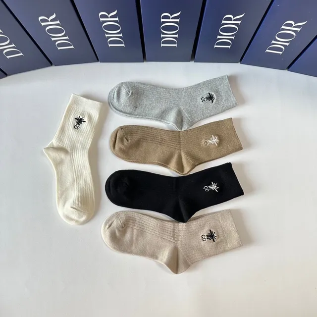 Dior Bee Logo Black Beige Ribbed Knit Embroidered Socks 6