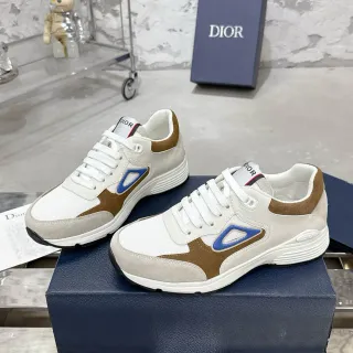 Dior Beige Brown Layered Mesh And Suede Upper Blue Triangular Side Logo Lifestyle Sneakers