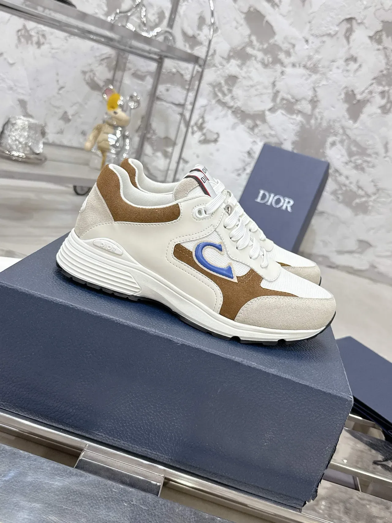 Dior Beige Brown Layered Mesh And Suede Upper Blue Triangular Side Logo Lifestyle Sneakers 2