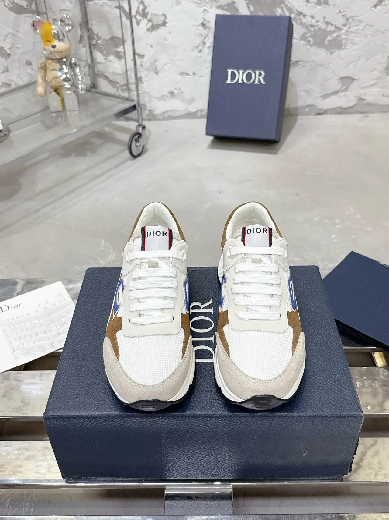 Dior Beige Brown Layered Mesh And Suede Upper Blue Triangular Side Logo Lifestyle Sneakers 3