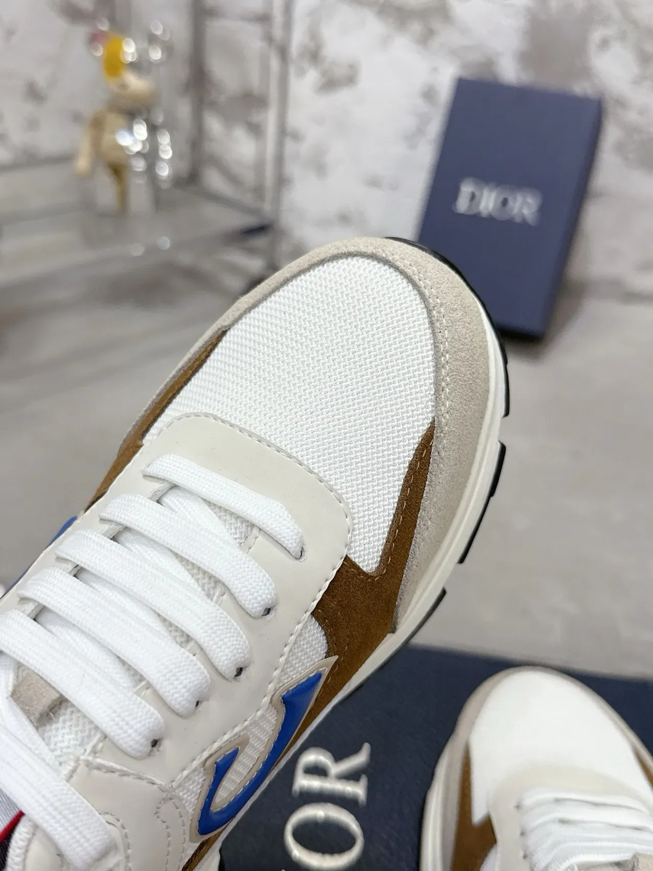 Dior Beige Brown Layered Mesh And Suede Upper Blue Triangular Side Logo Lifestyle Sneakers 4