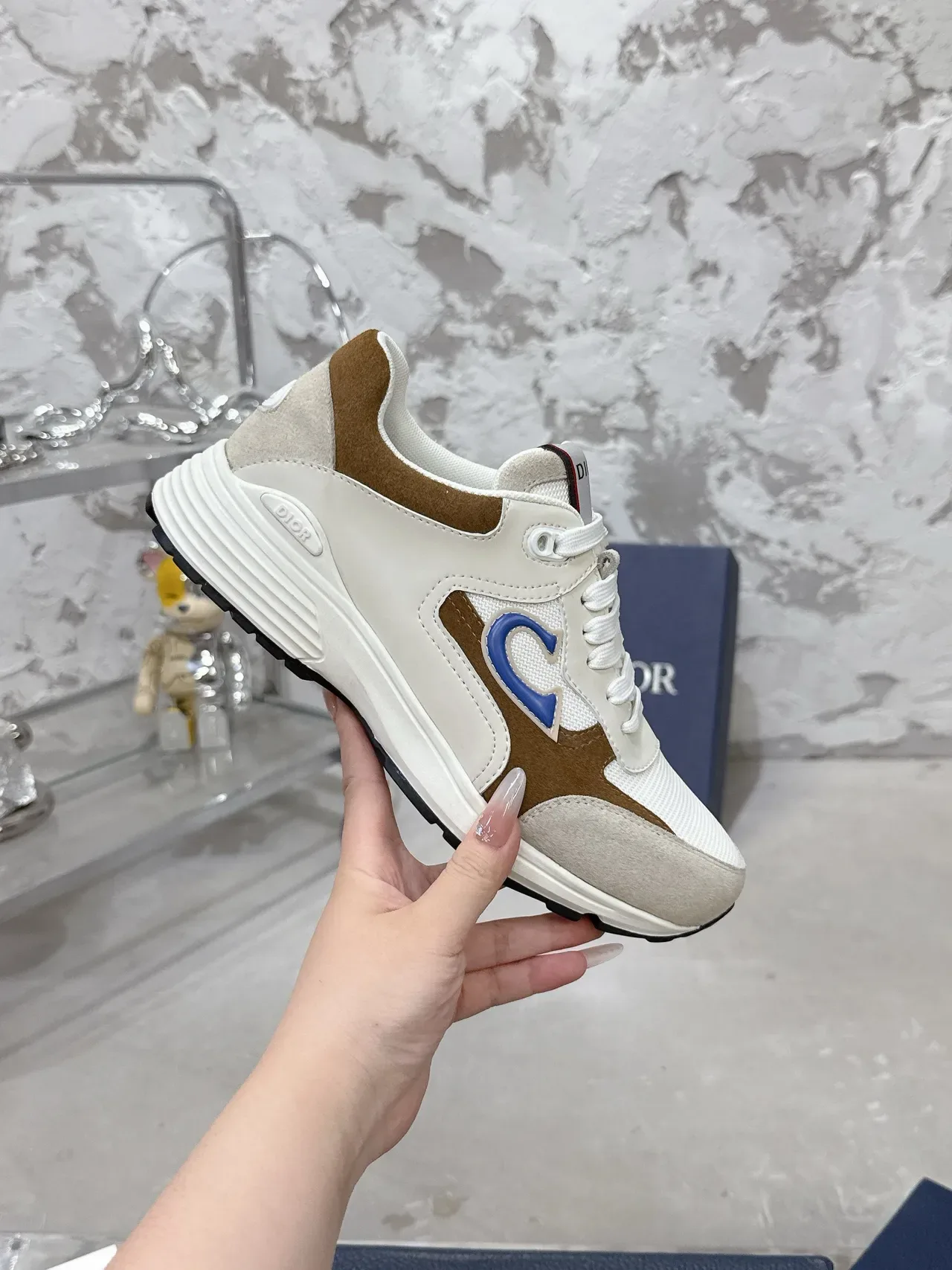 Dior Beige Brown Layered Mesh And Suede Upper Blue Triangular Side Logo Lifestyle Sneakers 5
