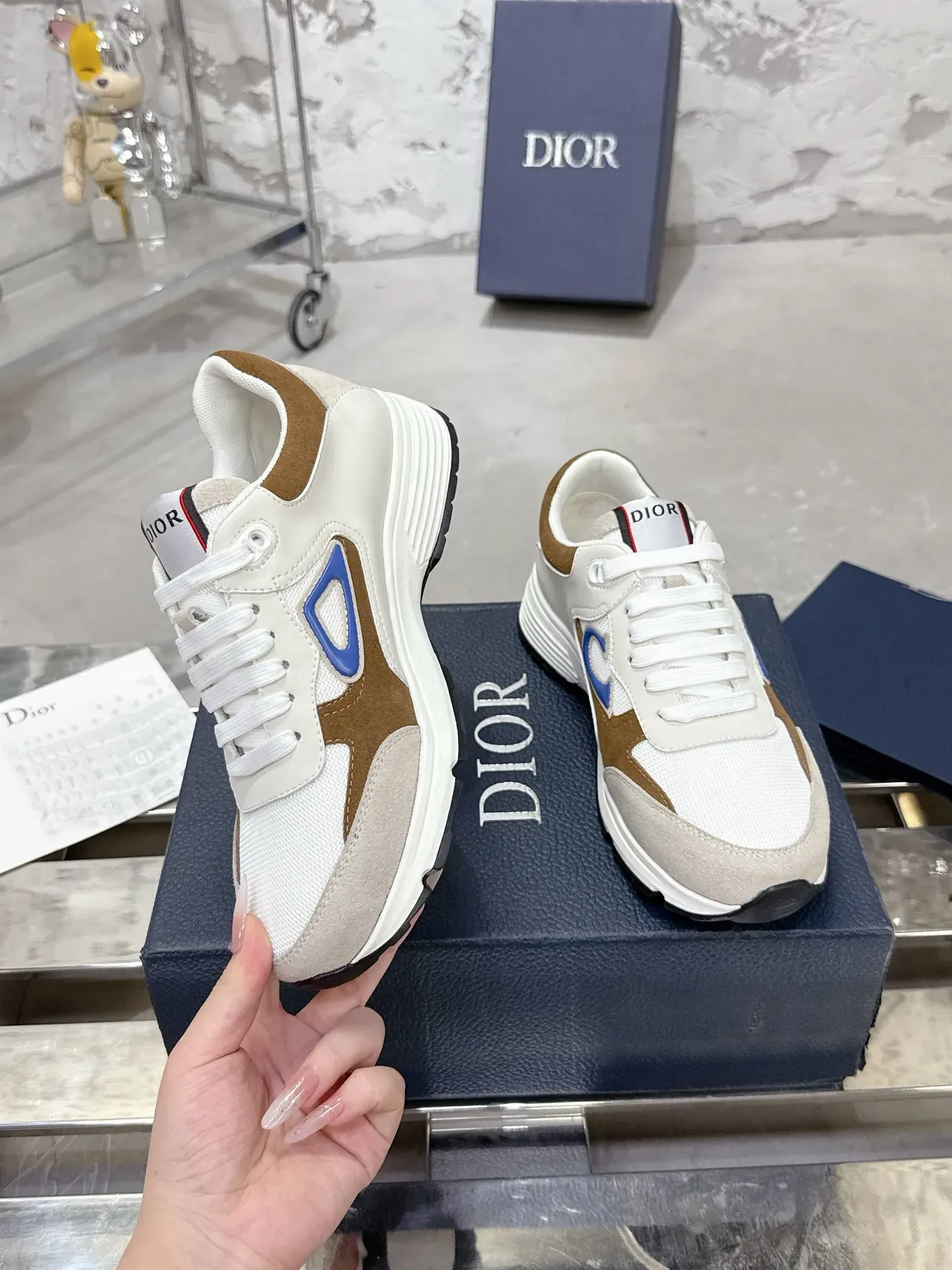 Dior Beige Brown Layered Mesh And Suede Upper Blue Triangular Side Logo Lifestyle Sneakers 6