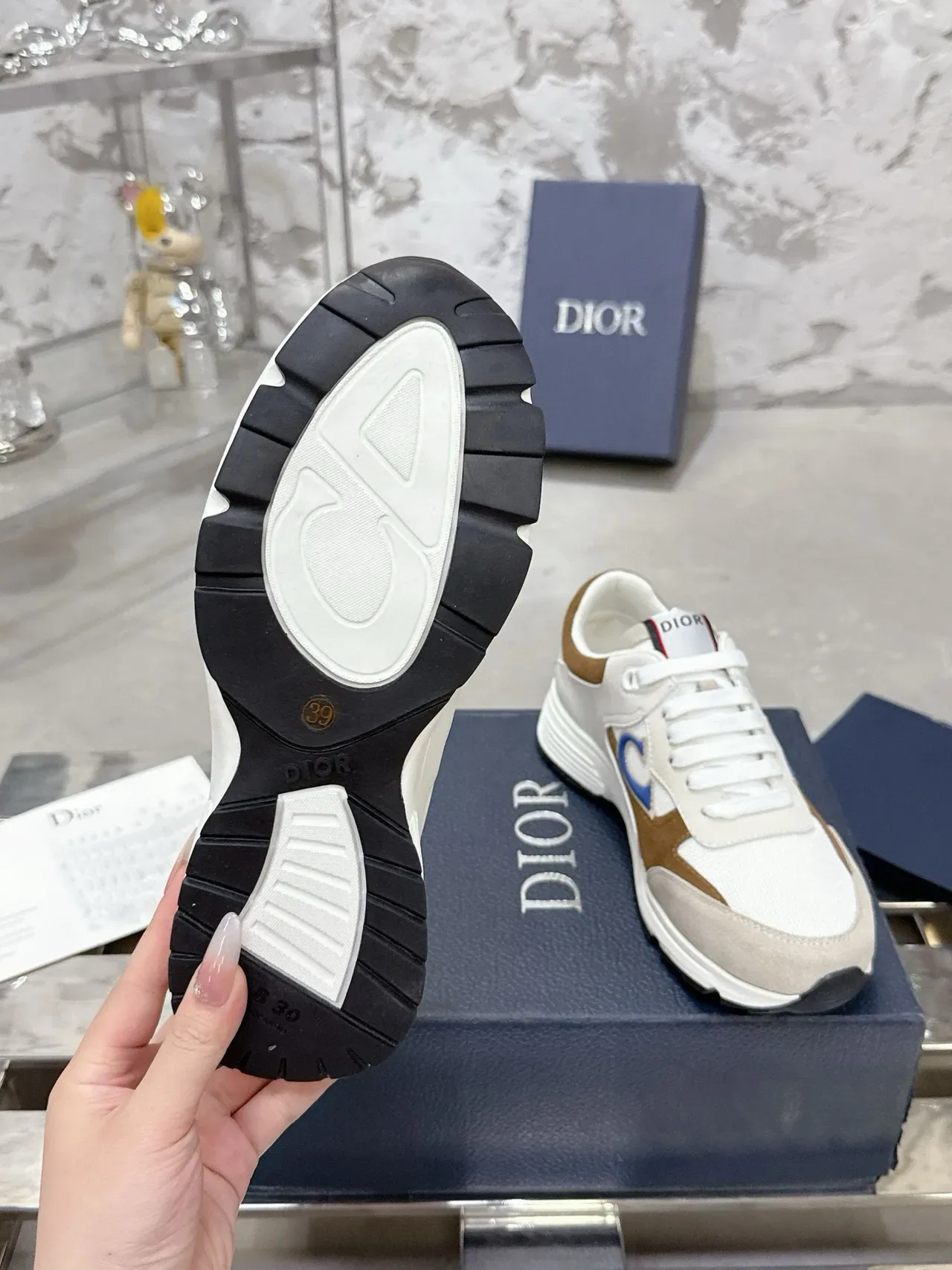 Dior Beige Brown Layered Mesh And Suede Upper Blue Triangular Side Logo Lifestyle Sneakers 7