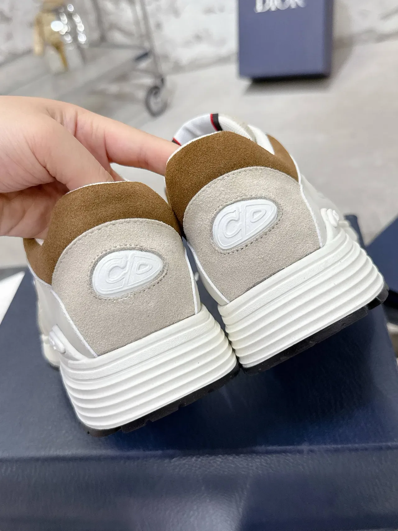 Dior Beige Brown Layered Mesh And Suede Upper Blue Triangular Side Logo Lifestyle Sneakers 8