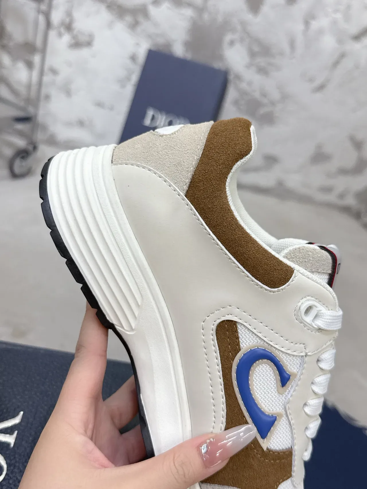Dior Beige Brown Layered Mesh And Suede Upper Blue Triangular Side Logo Lifestyle Sneakers 9