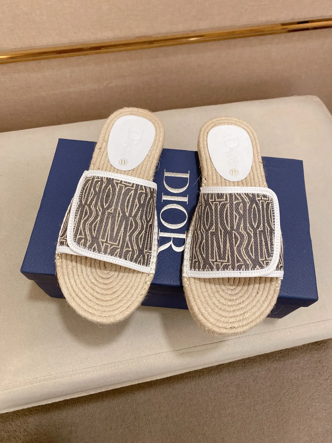 Dior Beige Brown Woven Raffia Sole Oblique Monogram Strap Slippers 3