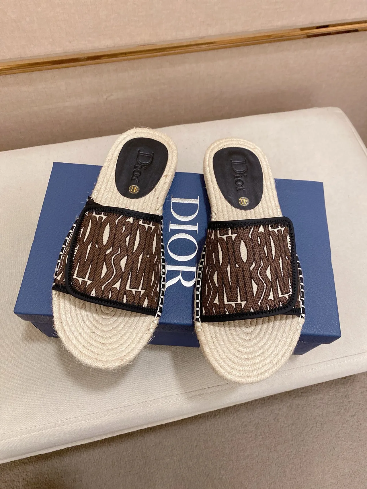 Dior Beige Brown Woven Raffia Sole Oblique Monogram Strap Slippers 10
