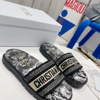 Dior Black Beige Marble-Print Footbed Jacquard Logo Strap Slippers