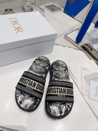Dior কালো বেইজ মার্বেল-প্রিন্ট ফুটবেড জ্যাকোয়ার্ড লোগো স্ট্র্যাপ স্লিপার্স 6