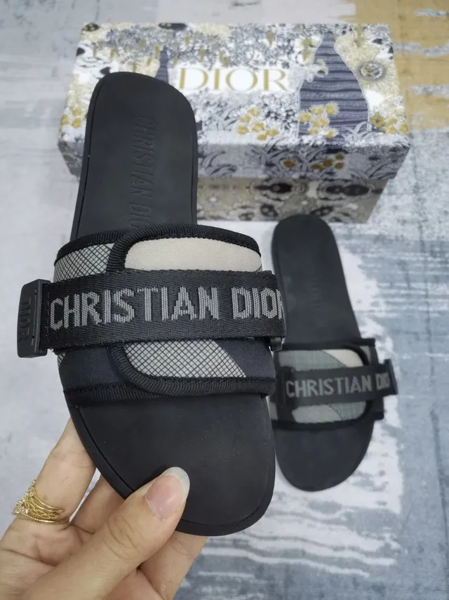 Dior Black Beige Woven Strap Logo-Print Band Slippers 5