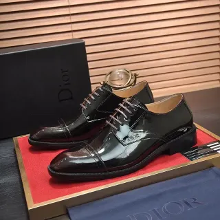 Dior Black Brown High-Gloss Finish Cap-Toe Oxford Shoes