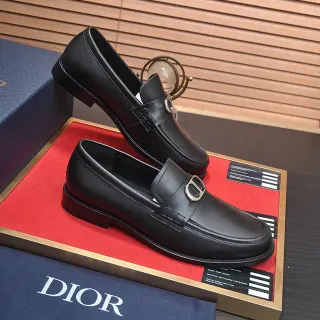 Dior Black Silver Smooth Leather Metal D Buckle Detail Loafer