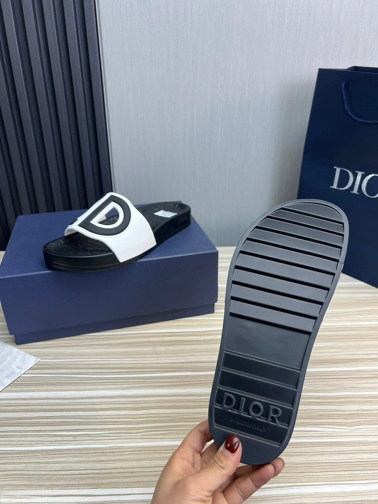 Dior Black White Molded Rubber Sole Oversized Logo Strap Slippers 2