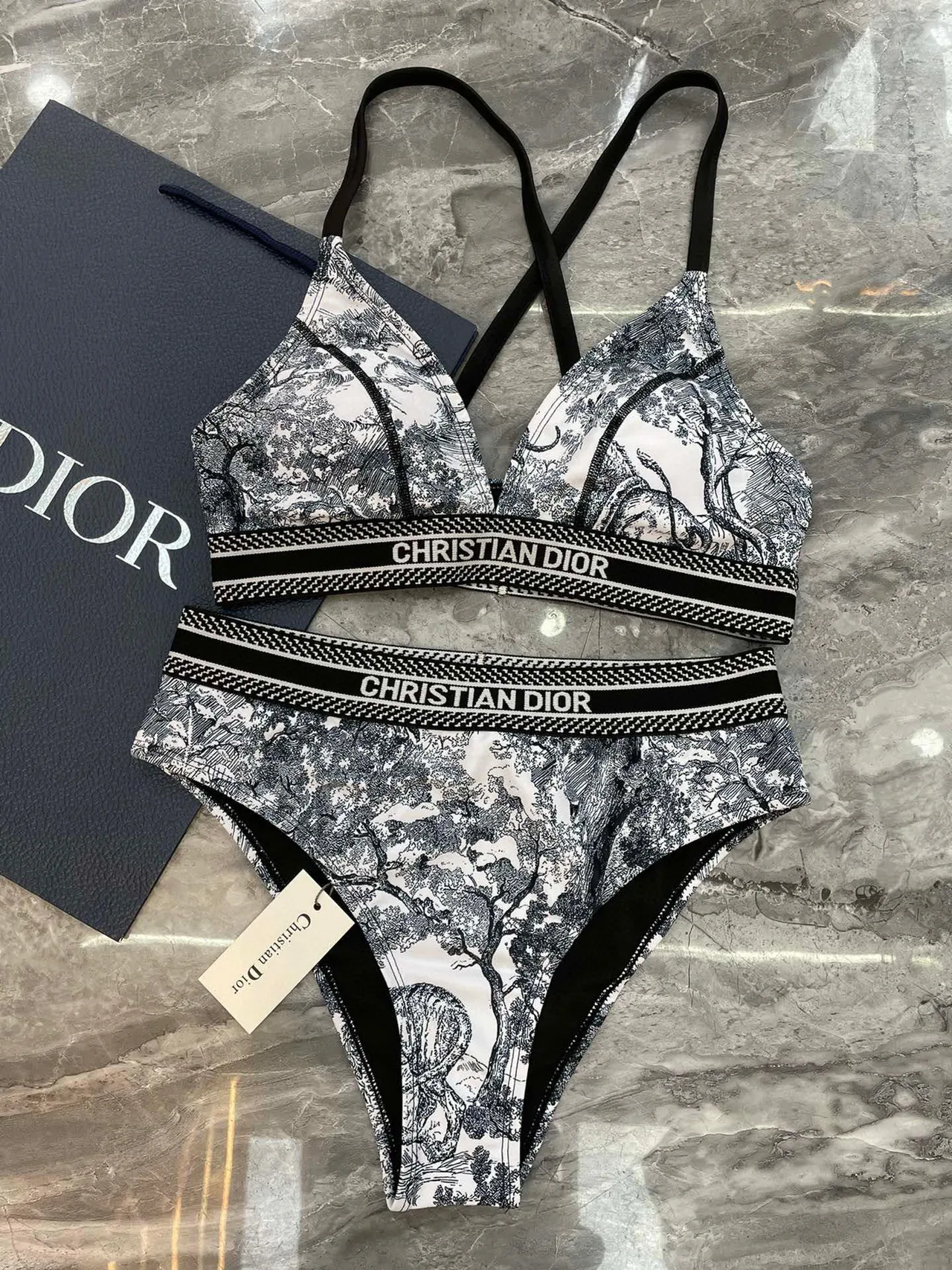 Dior Black White Toile De Jouy Print Cross-Back Straps Underwear 3