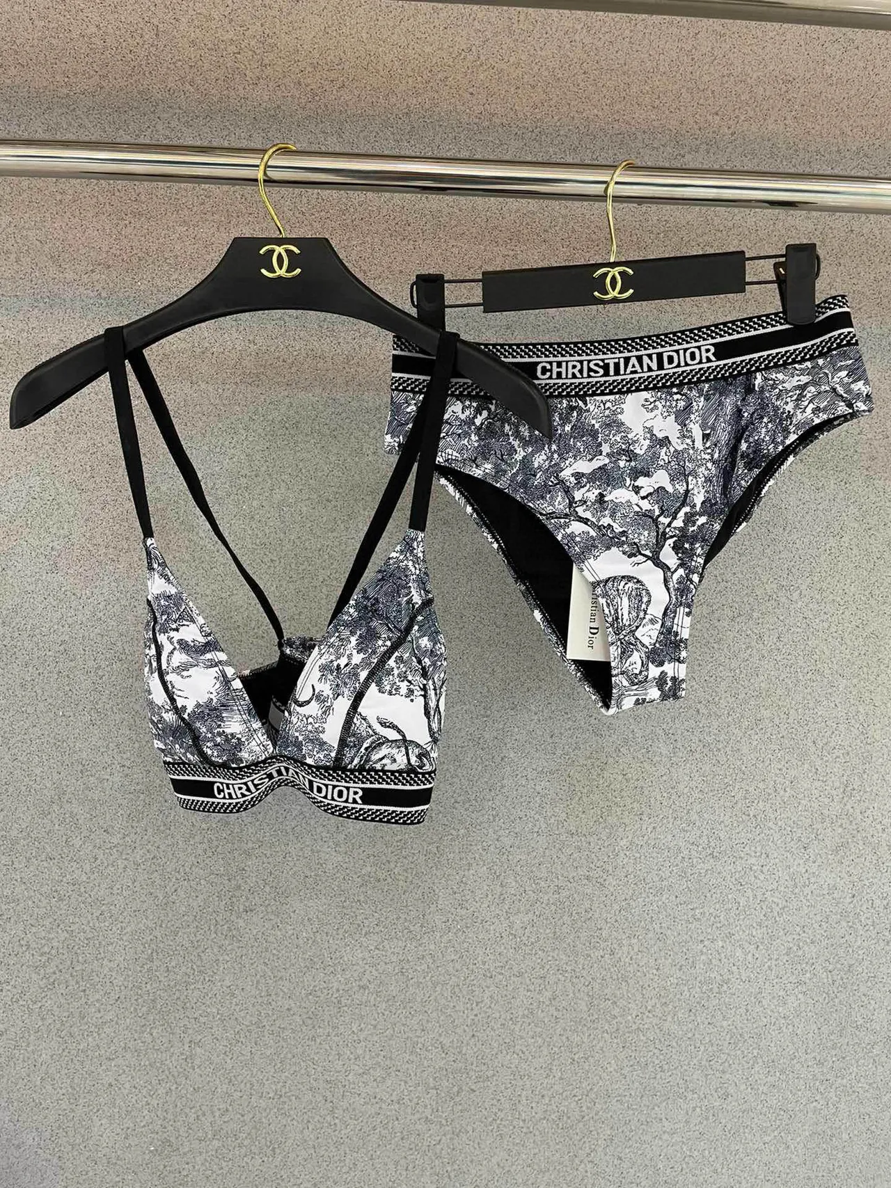 Dior Black White Toile De Jouy Print Cross-Back Straps Underwear 6