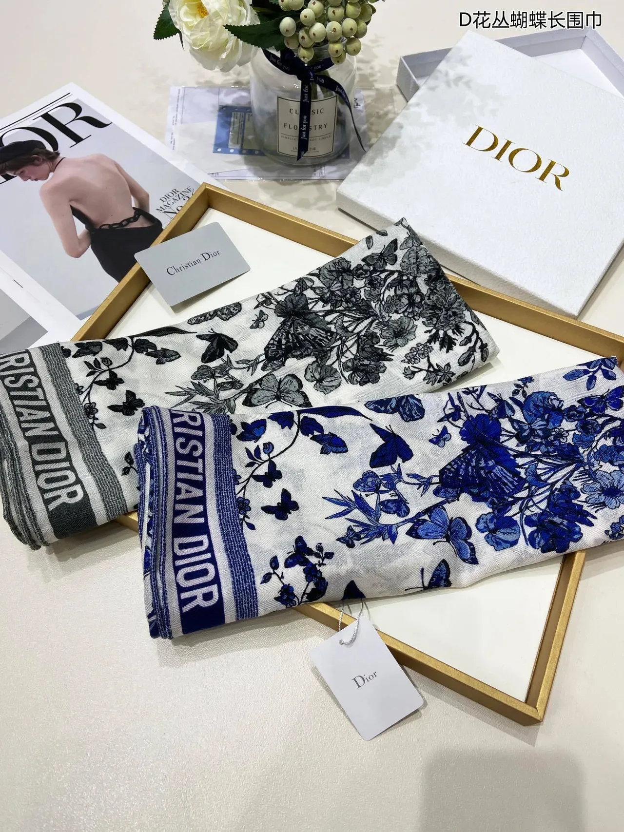 Dior Floral Butterfly Blue and White Silk Scarf 3