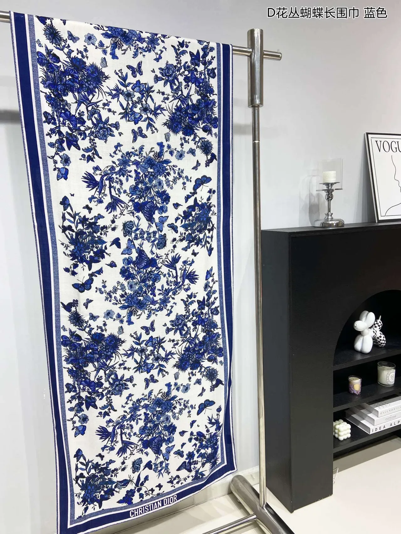 Dior Floral Butterfly Blue and White Silk Scarf 4