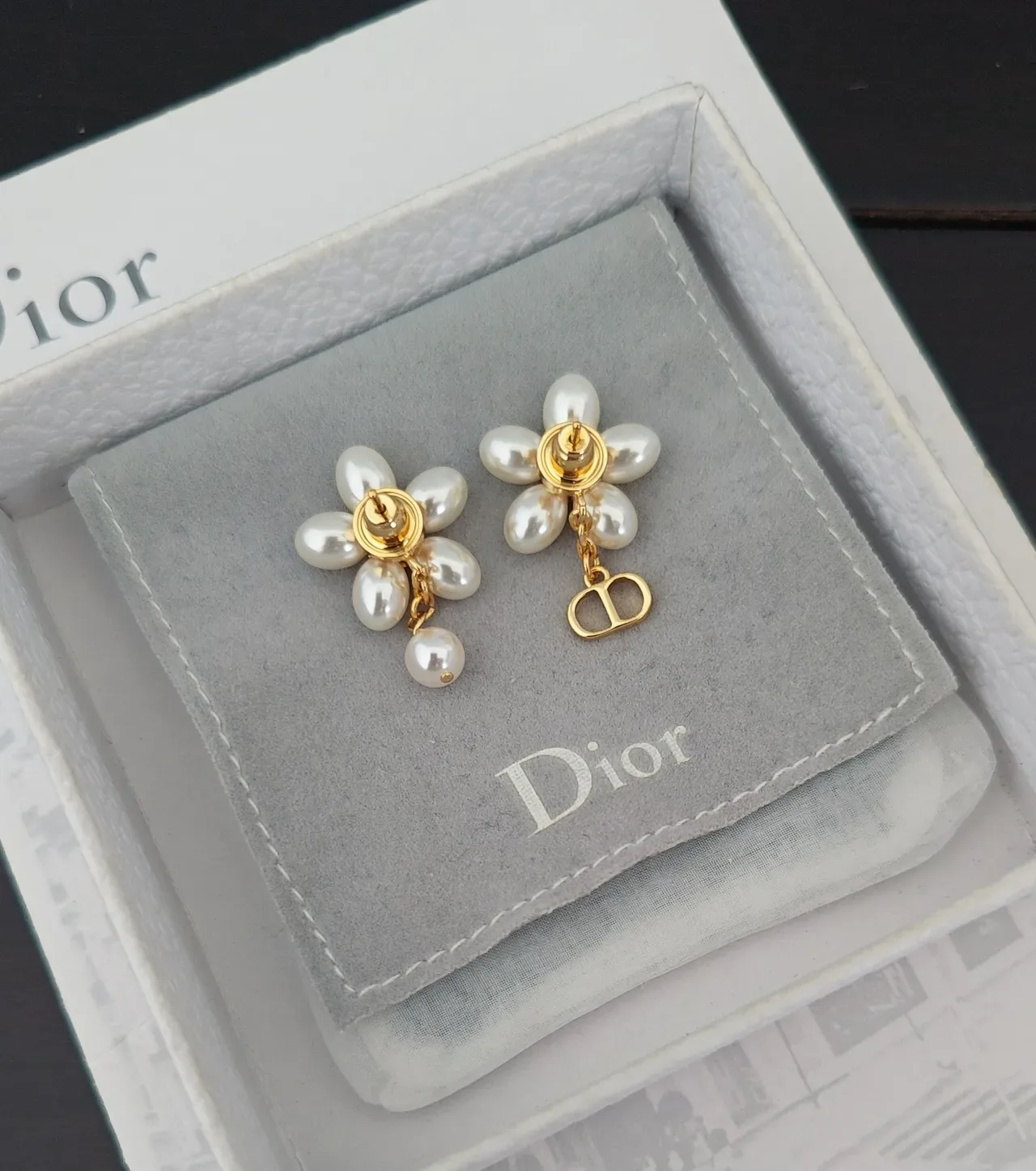 Dior Floral Pearl Gold-Tone Asymmetrical Earrings 2