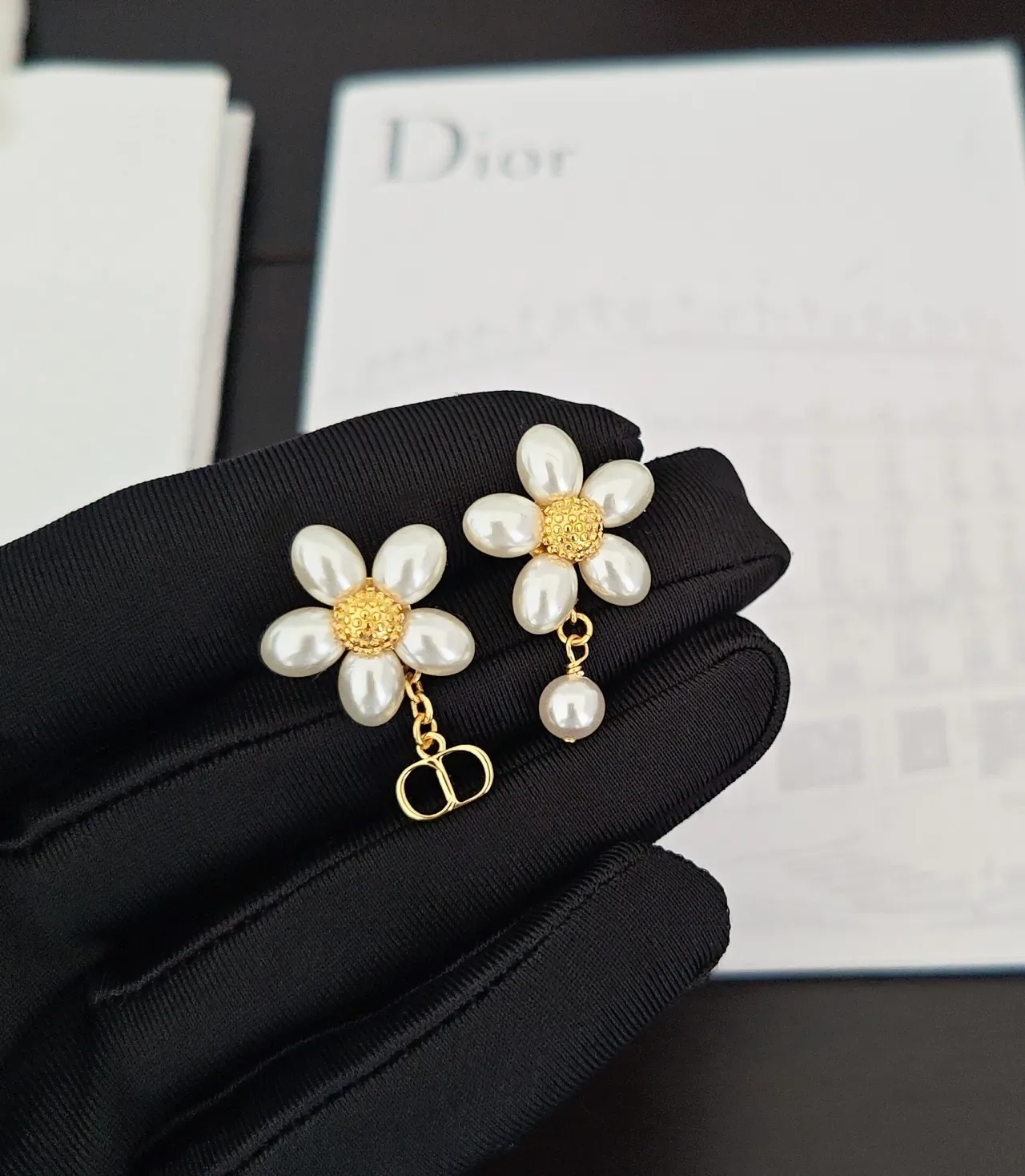 Dior Floral Pearl Gold-Tone Asymmetrical Earrings 5