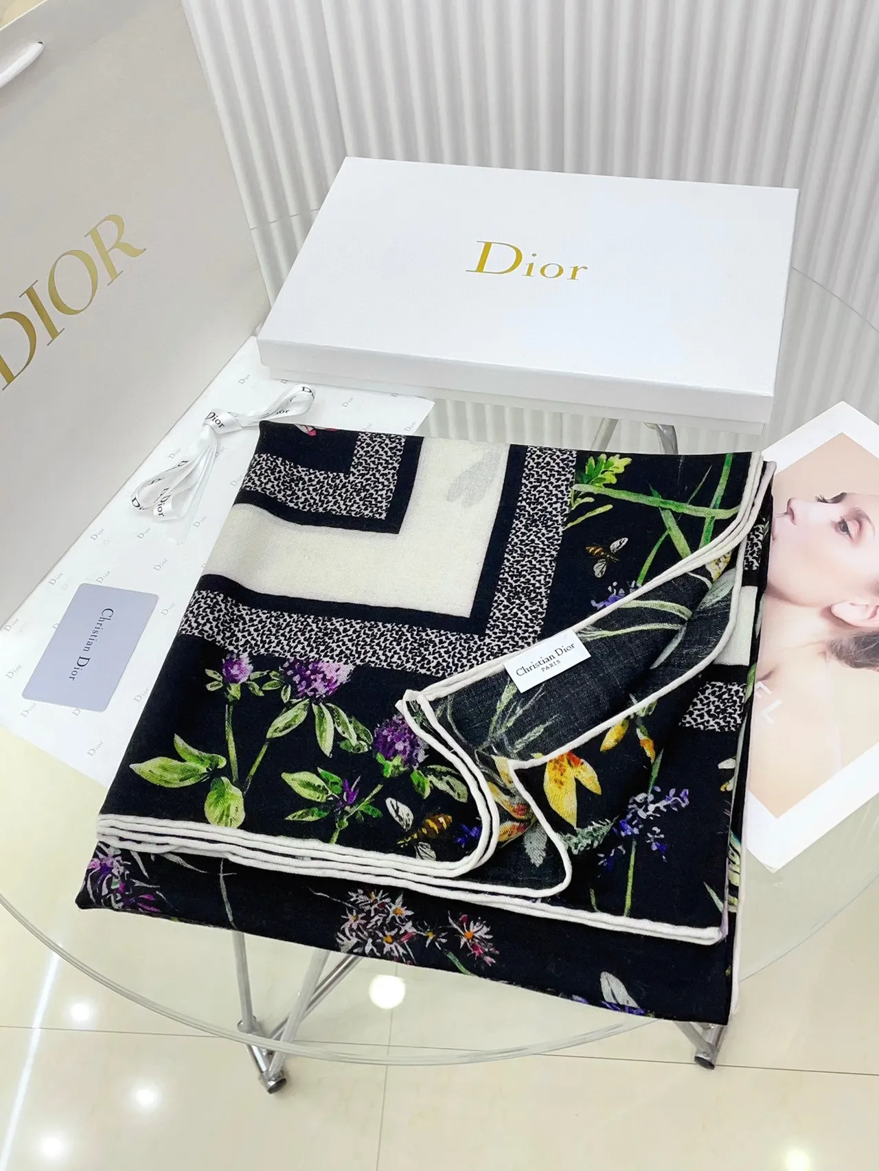 Dior Floral-Print Black Silk Scarf 4