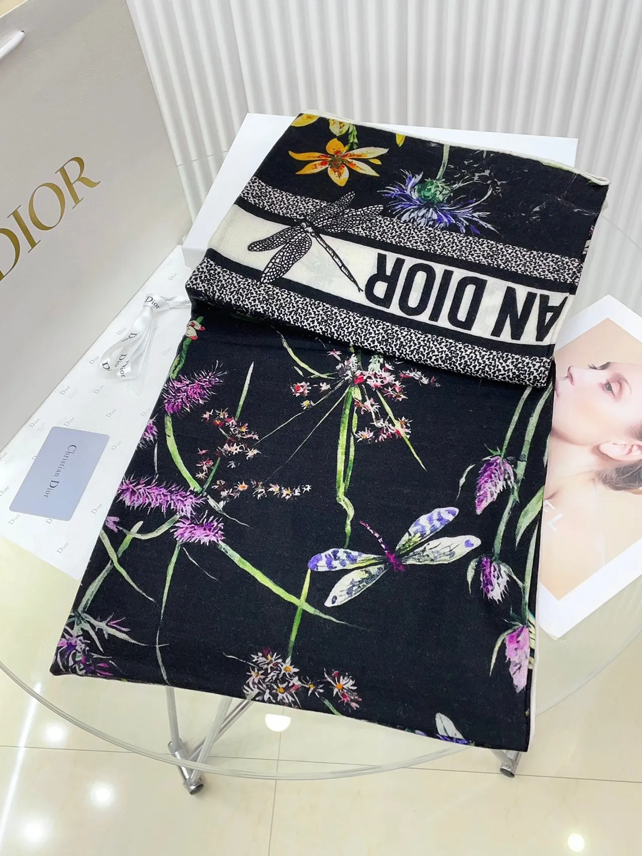 Dior Floral-Print Black Silk Scarf 9