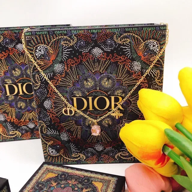 Dior 镀金 CD 和蜜蜂坠饰 粉色石头项链 3