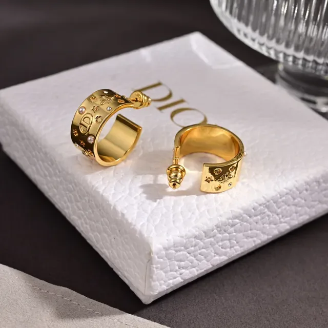 Dior Gold-Tone Engraved Motif Pearl and Crystal Hoop Earrings 6