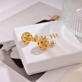 Dior Gold-Tone Openwork Sphere Pearl Stud Earrings