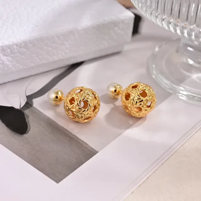 Dior Gold-Tone Openwork Sphere Pearl Stud Earrings 2