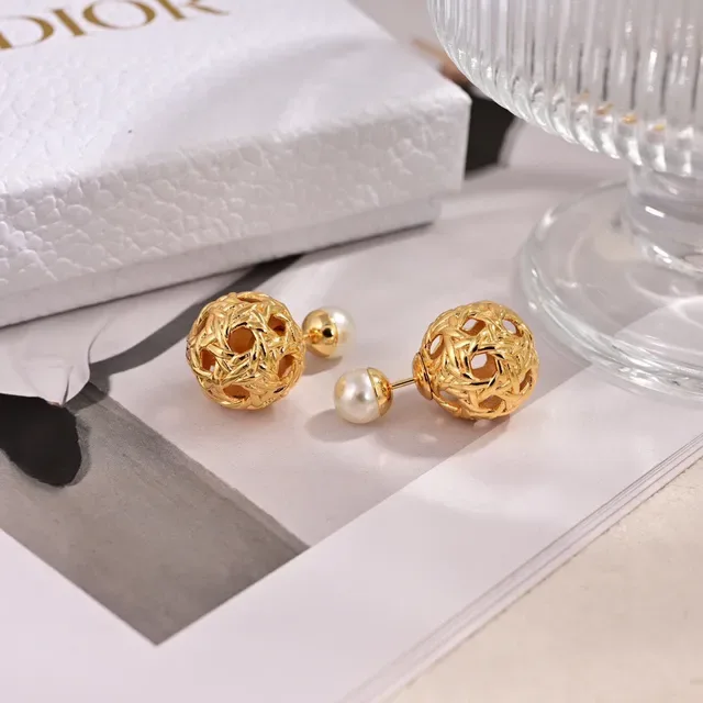 Dior Gold-Tone Openwork Sphere Pearl Stud Earrings 3