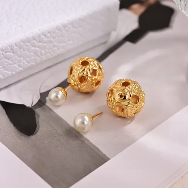 Dior Gold-Tone Openwork Sphere Pearl Stud Earrings 4