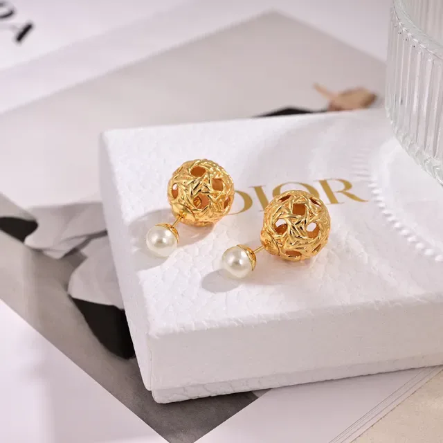 Dior Gold-Tone Openwork Sphere Pearl Stud Earrings 5