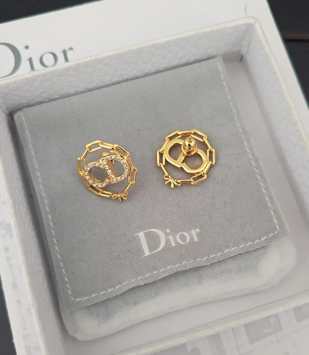 Dior Gold-Tone Pavé-Crystal Chain-Link CD Motif Earrings 2