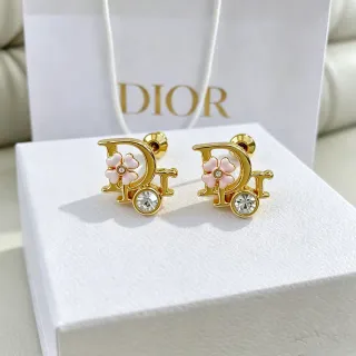 Dior Gold-Tone Pink Enamel Floral Logo Stud Earrings