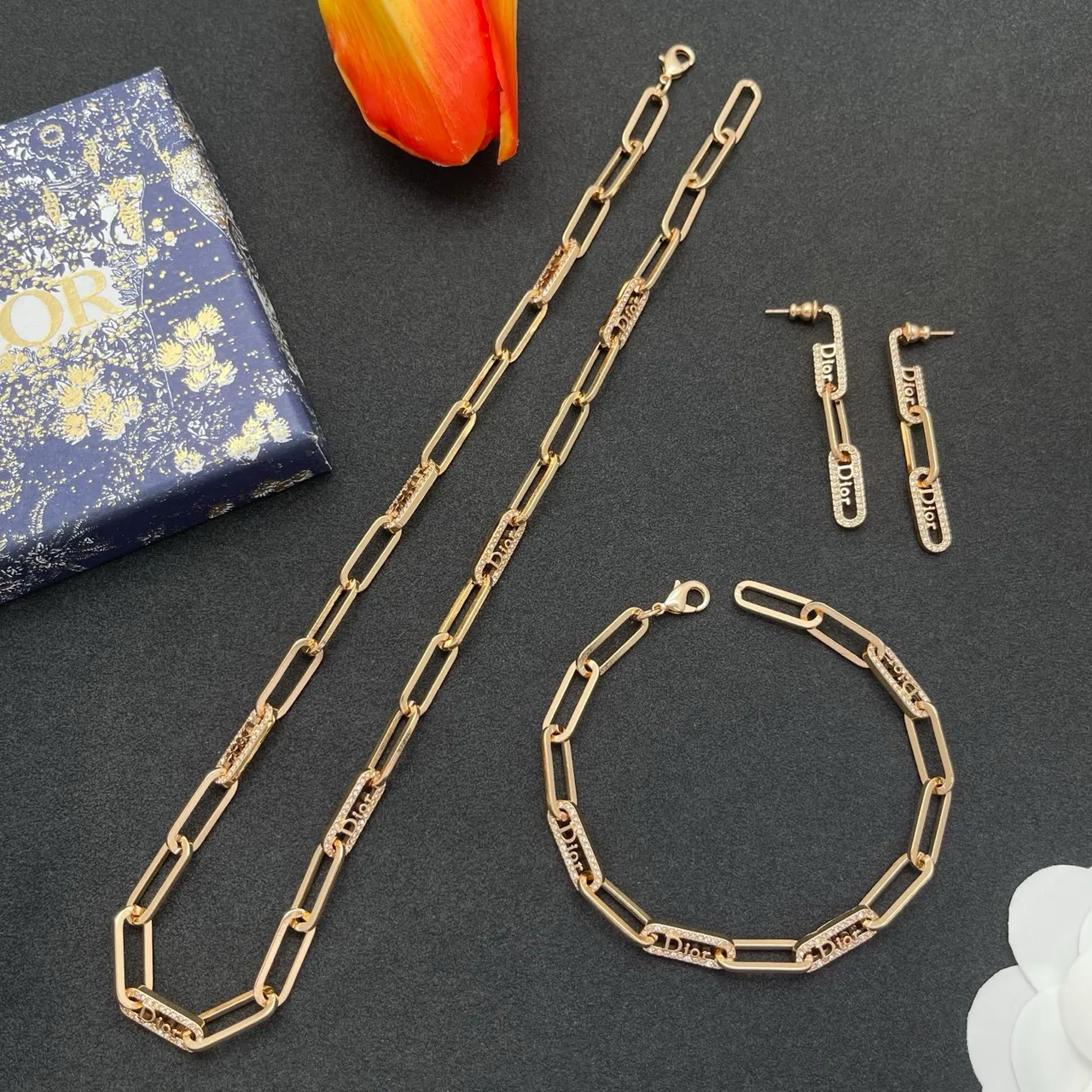 Dior Gold Transparent Link-Chain Pavé-Crystal Earrings 2