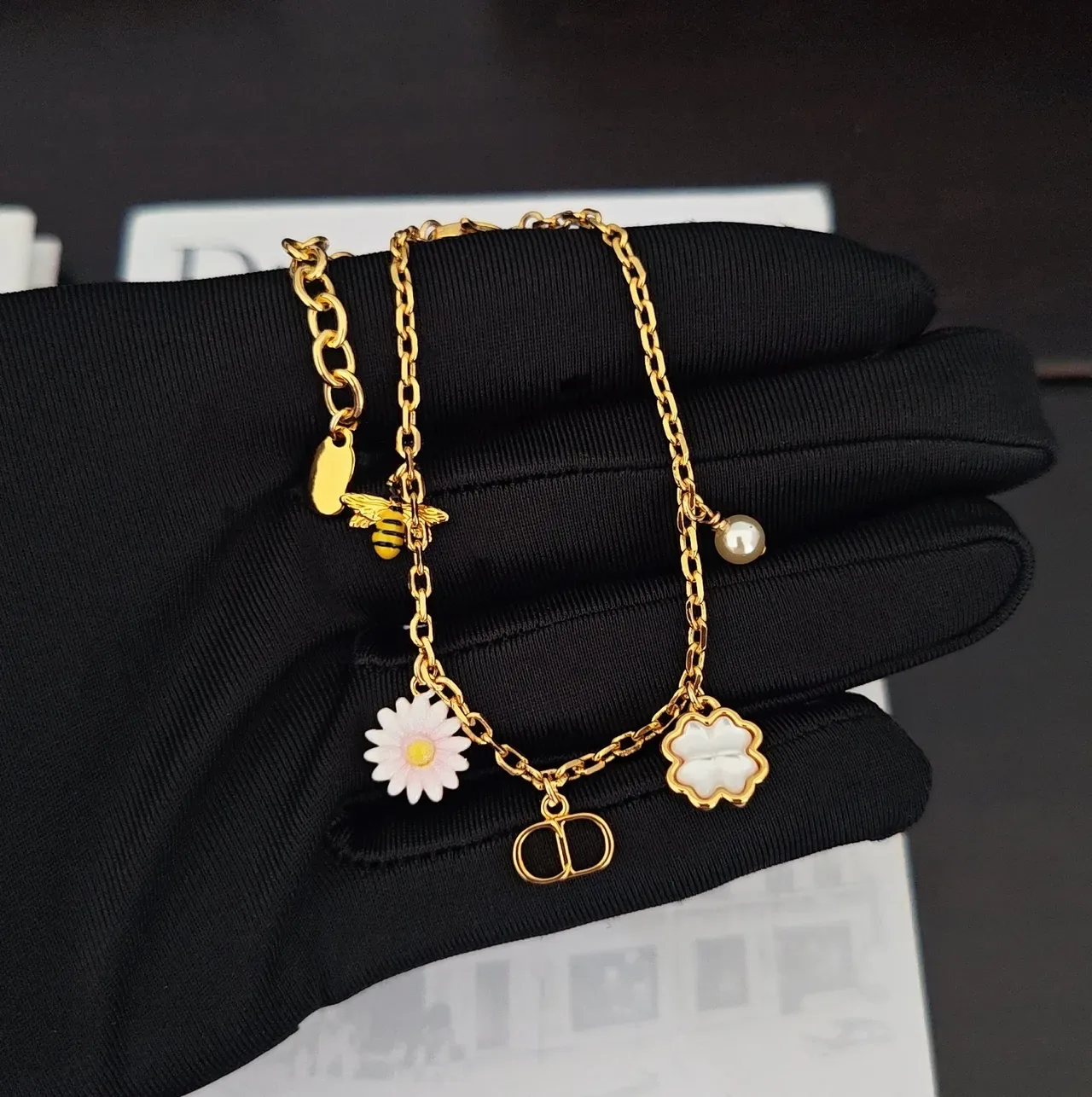 Dior Gold White Chain Multi-Charm Bracelet 4