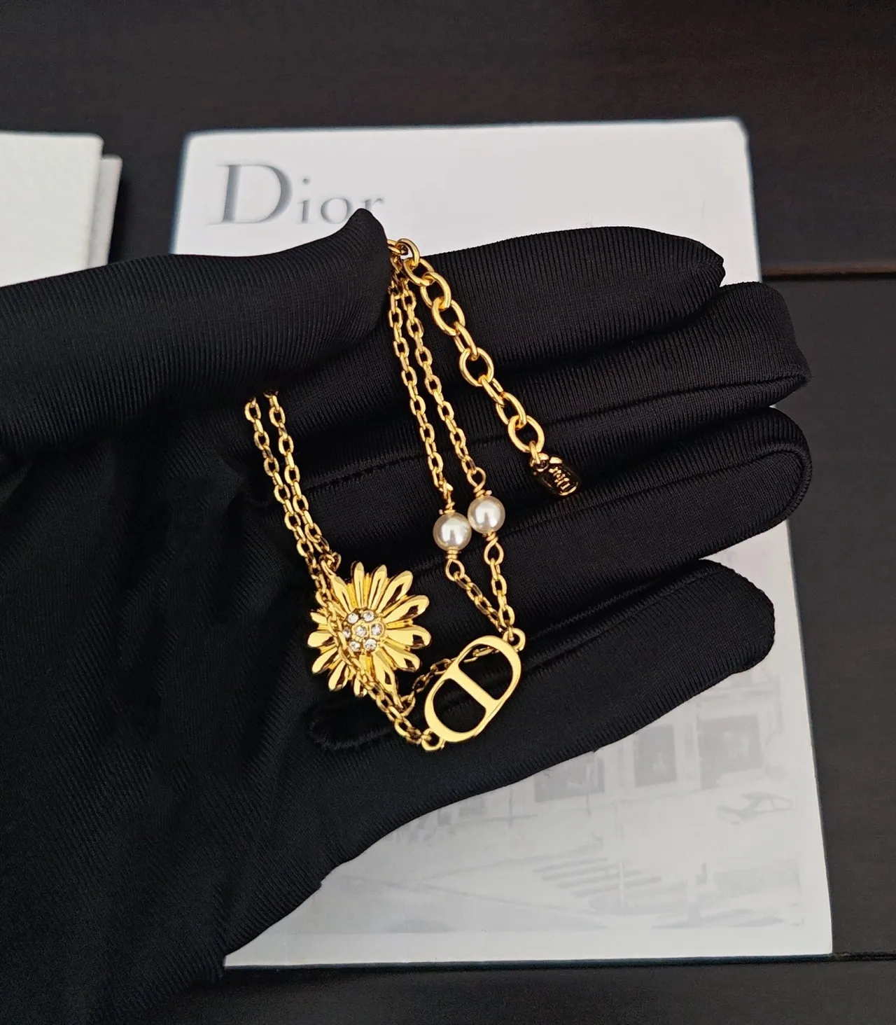 Dior Gold White Double-Chain Pearl Accents Bracelet 2