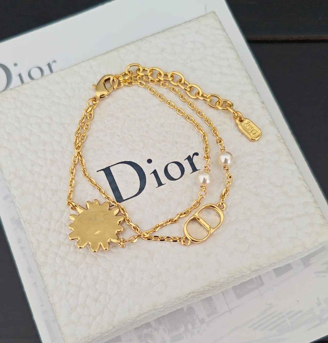 Dior Gold White Double-Chain Pearl Accents Bracelet 3